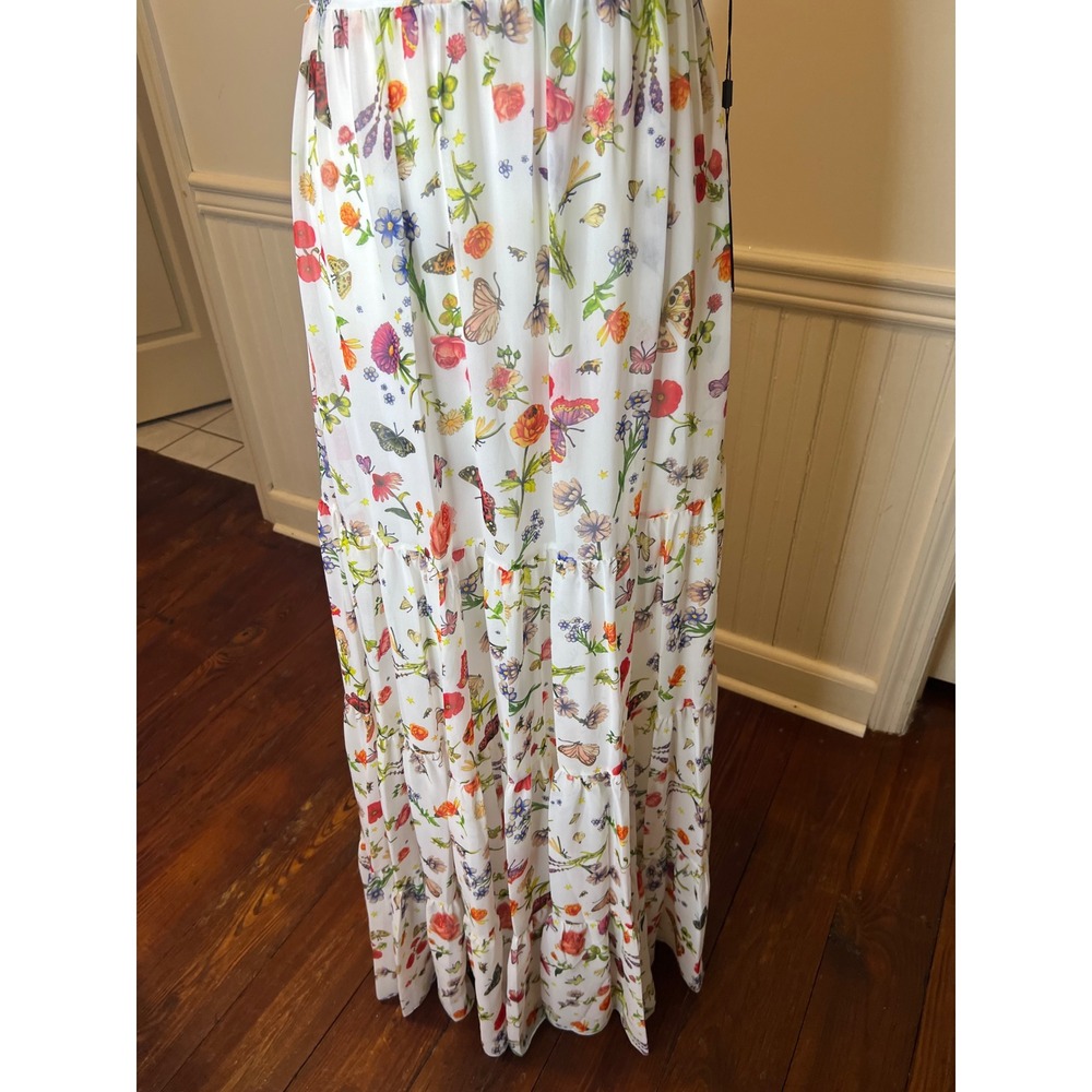 Mac Duggal Floral Butterfly Print Tiered Maxi Dress White V-Neck Tie Shoulder 4 - Picture 9 of 16